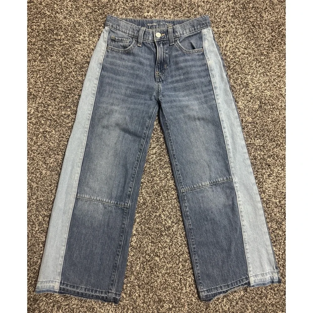 Old Navy High-Rise Super Baggy Wide Leg Jeans Girls 10 Two Tone Blue Raw Edge